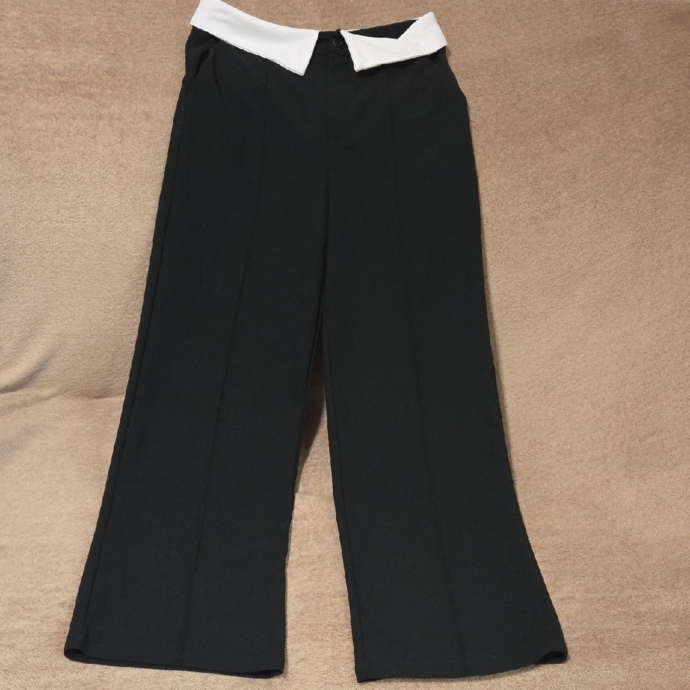 SHEIN Black Wide Leg Pants with Contrasting White Waistband